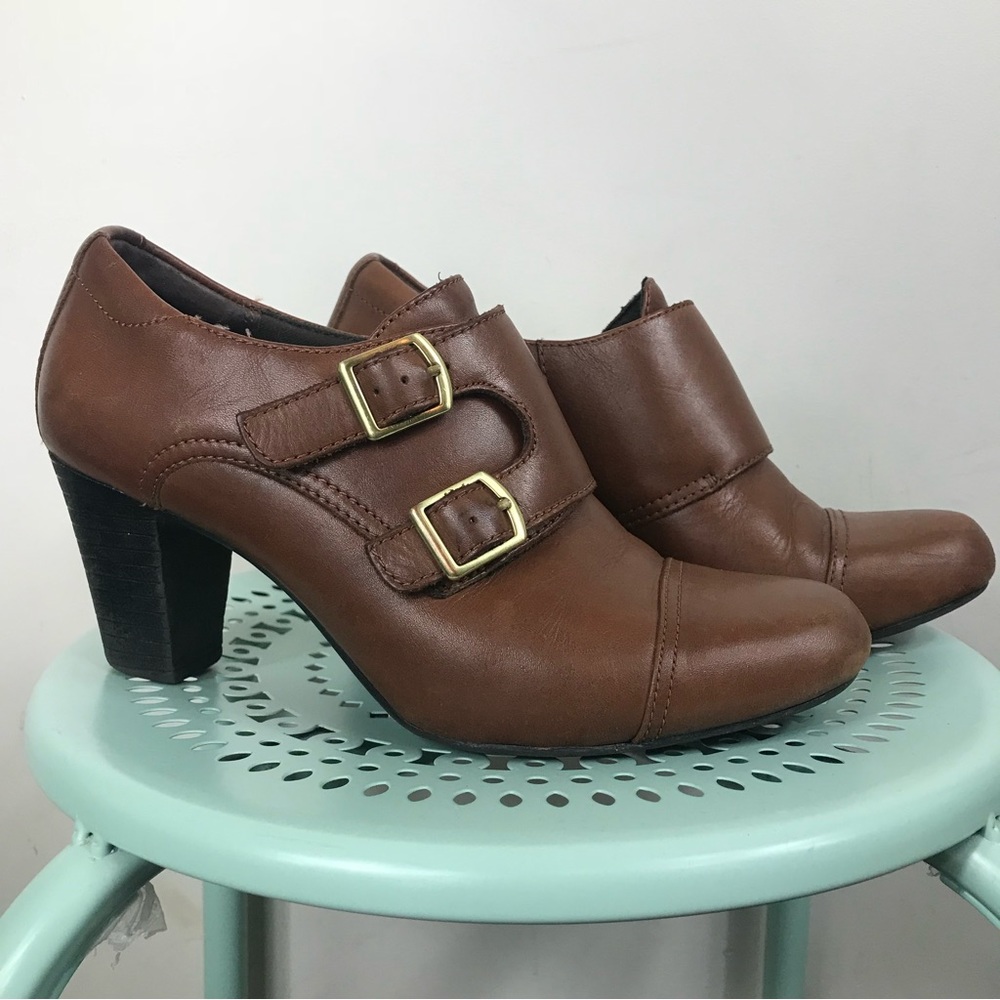 CLARKS | Leather Booties Double Buckle Heels